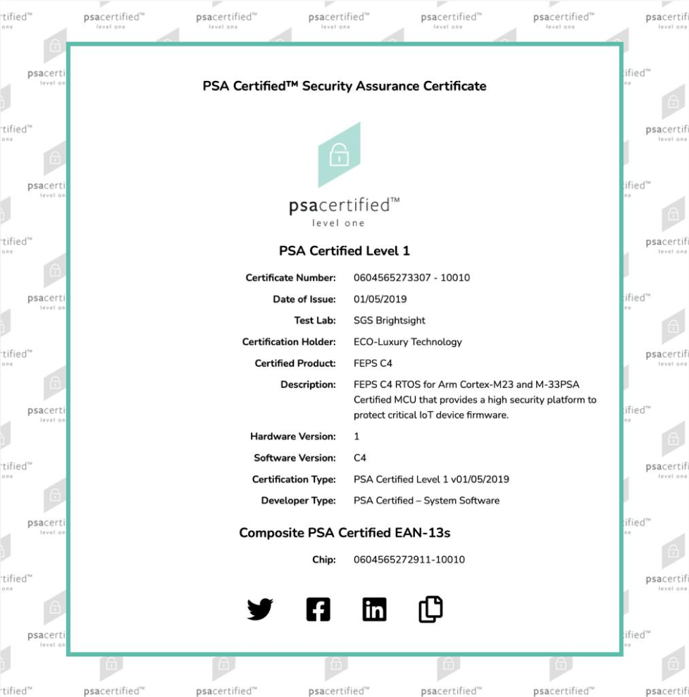 ECOLUX ARM PSA LEVEL 1 Certificate