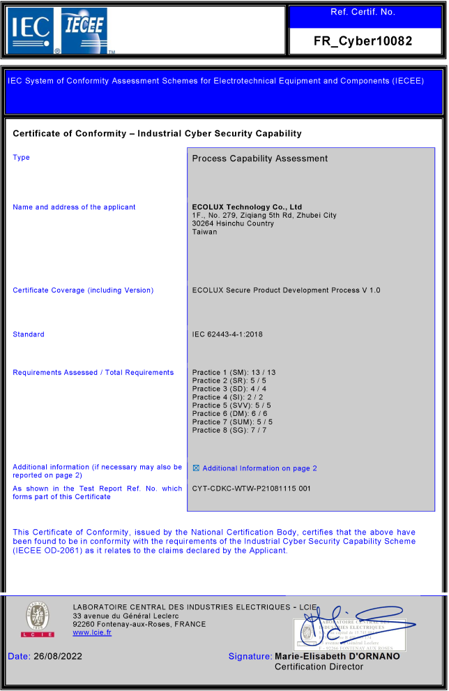 ECOLUX IEC 62443-4-1 Certificate