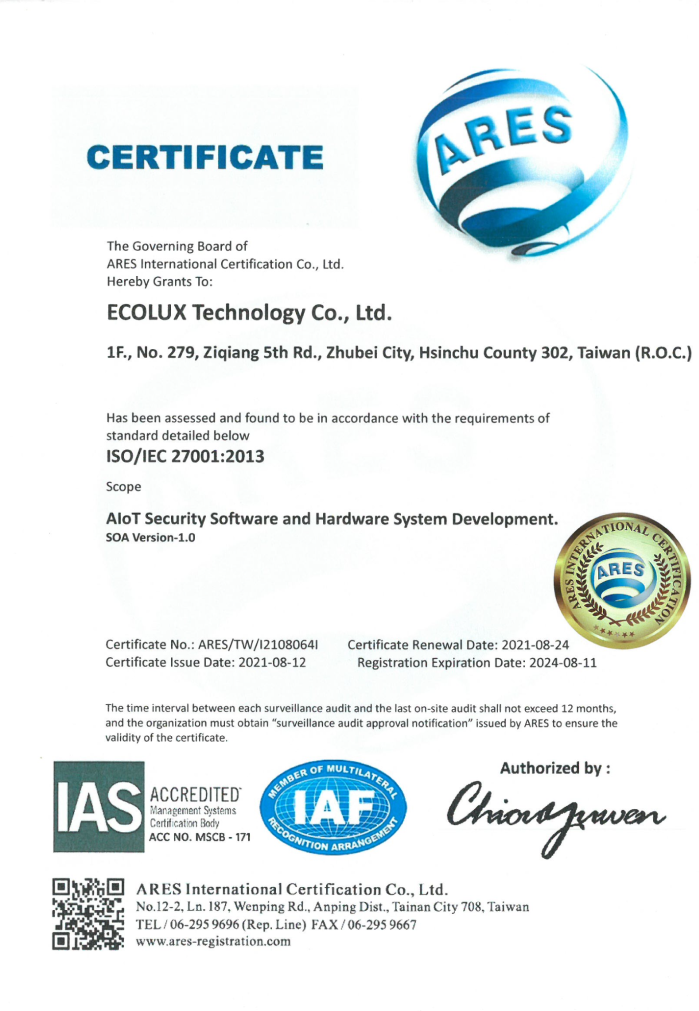ECOLUX ISO 27001:2013 Certificate